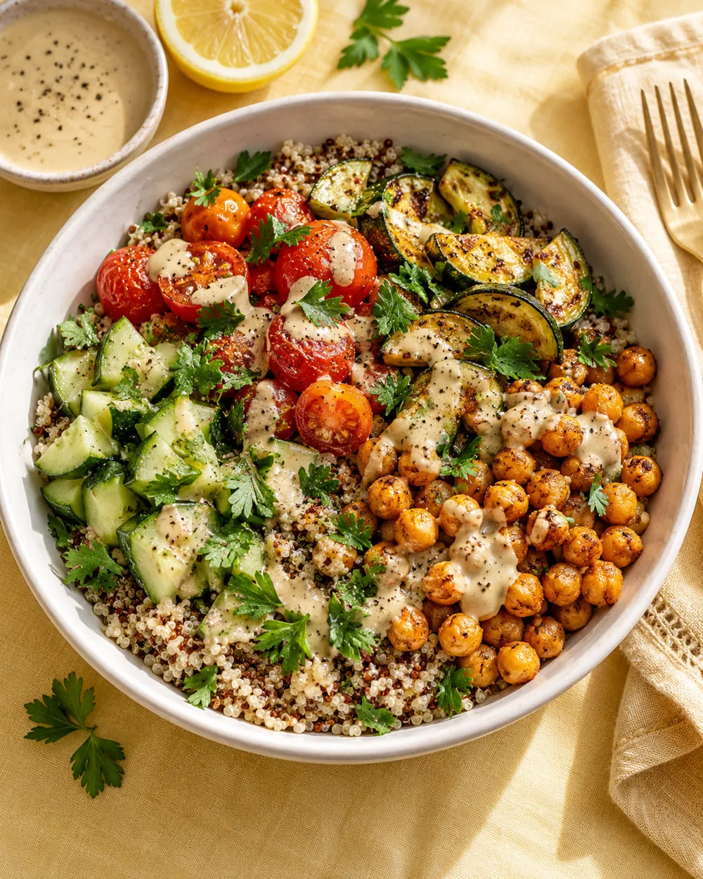 Quinoa bowl with roasted chickpeas, zucchini, tomatoes, cucumber, and lemon tahini dressing